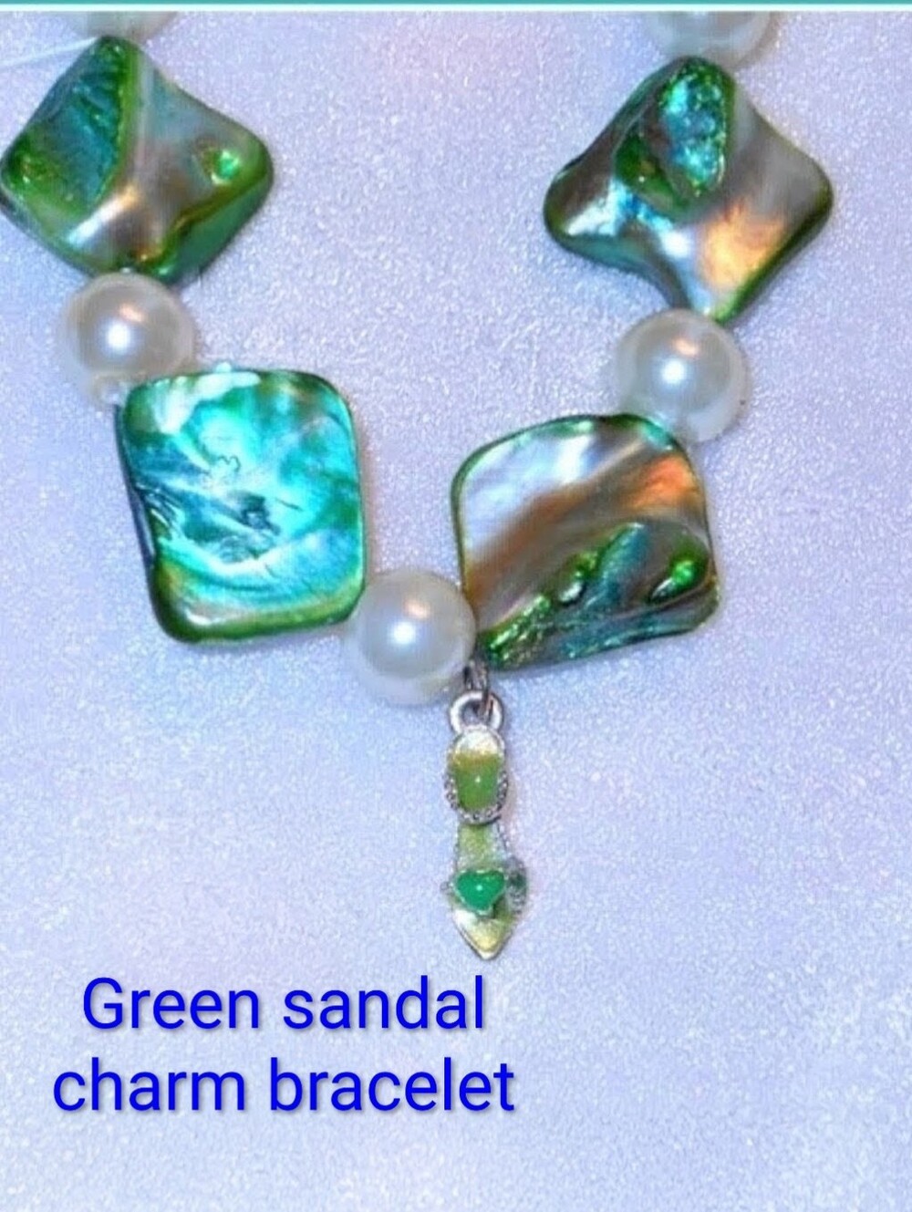 Green Sandal Charm on Green Shell Beaded Bracelet w/ Pearls